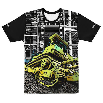 Our Construction Grind Dozer Duty all-over print short-sleeved t-shirt in our cartooned style, shown from the front. The main graphic features a large bulldozer actively pushing dirt at a construction site in front of a building under construction, highlighting dynamic construction imagery. The design is printed in vibrant colors on a premium, all-over print tee.