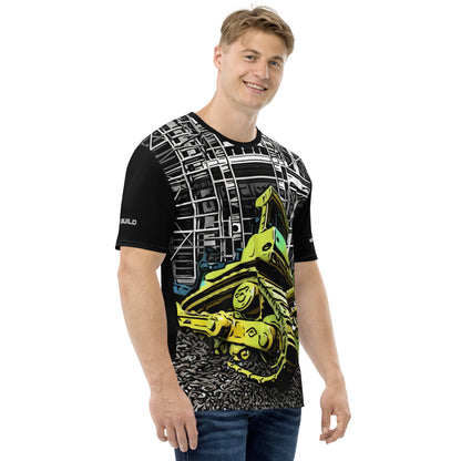 A man wearing our Construction Grind Dozer Duty all-over print short-sleeved t-shirt in cartooned style, shown from the right-hand view. The image reveals the detailed main graphic of a bulldozer in action on a construction site, and the right sleeve displays a white 'I Build' graphic. The design emphasizes bold construction imagery on a premium tee.