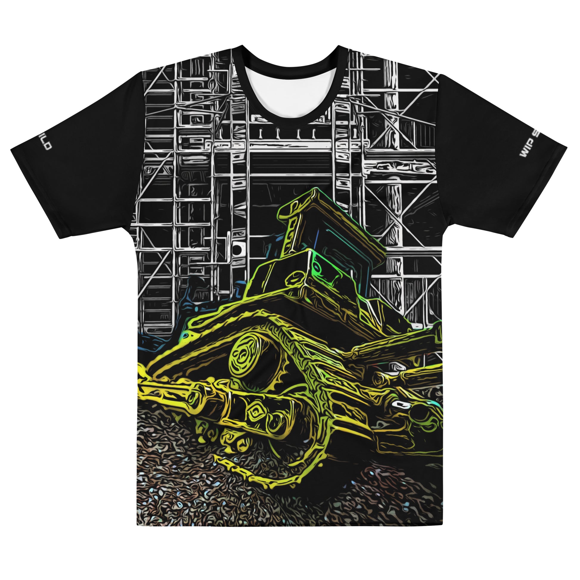 Our Construction Grind Dozer Duty all-over print short-sleeved t-shirt in our night shift style, shown from the front. The main graphic features a large bulldozer actively pushing dirt at a construction site in front of a building under construction, highlighting dynamic construction imagery. The design is printed in vibrant colors on a premium, all-over print tee.