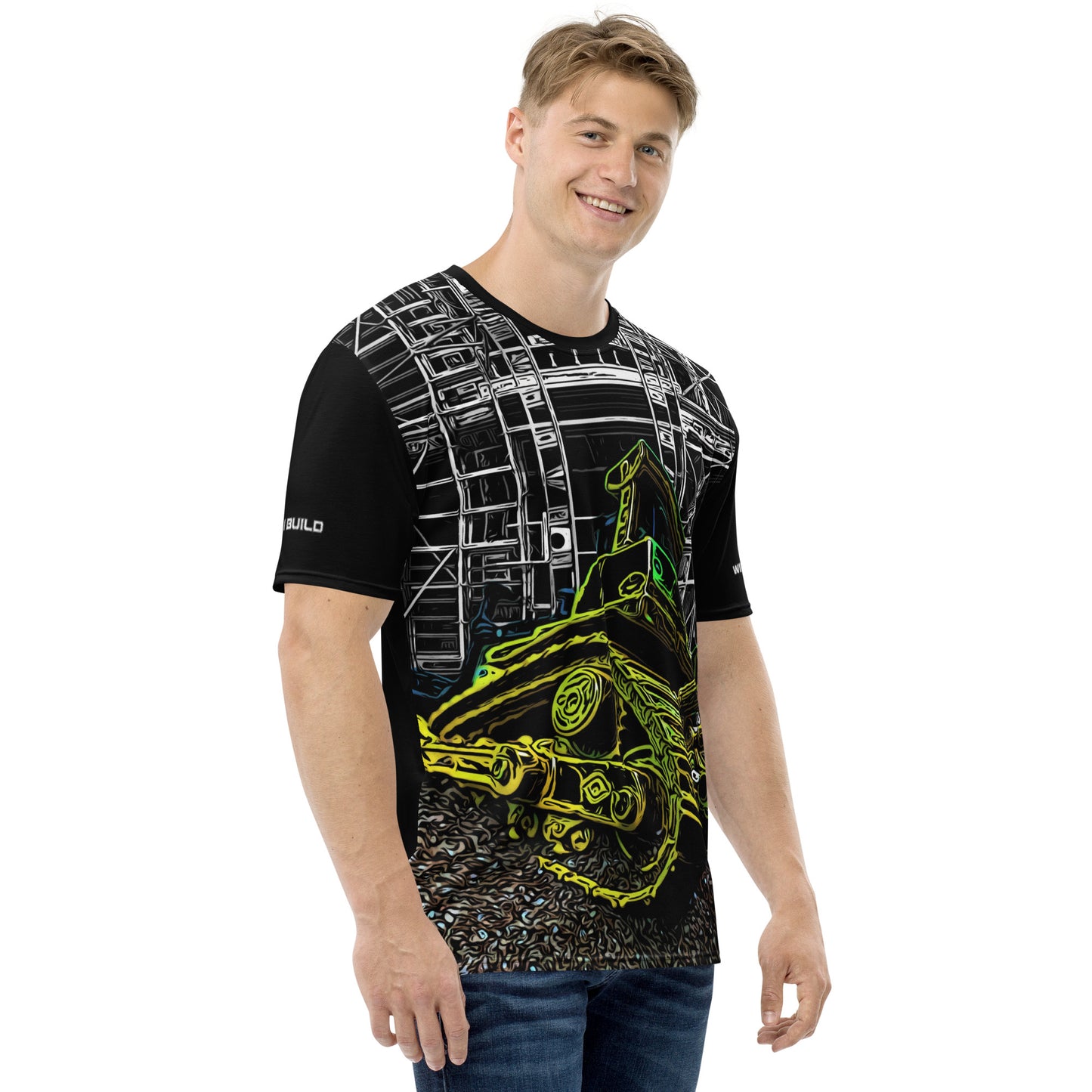 A man wearing our Construction Grind Dozer Duty all-over print short-sleeved t-shirt in night shift style, shown from the right-hand view. The image reveals the detailed main graphic of a bulldozer in action on a construction site, and the right sleeve displays a white 'I Build' graphic. The design emphasizes bold construction imagery on a premium tee.