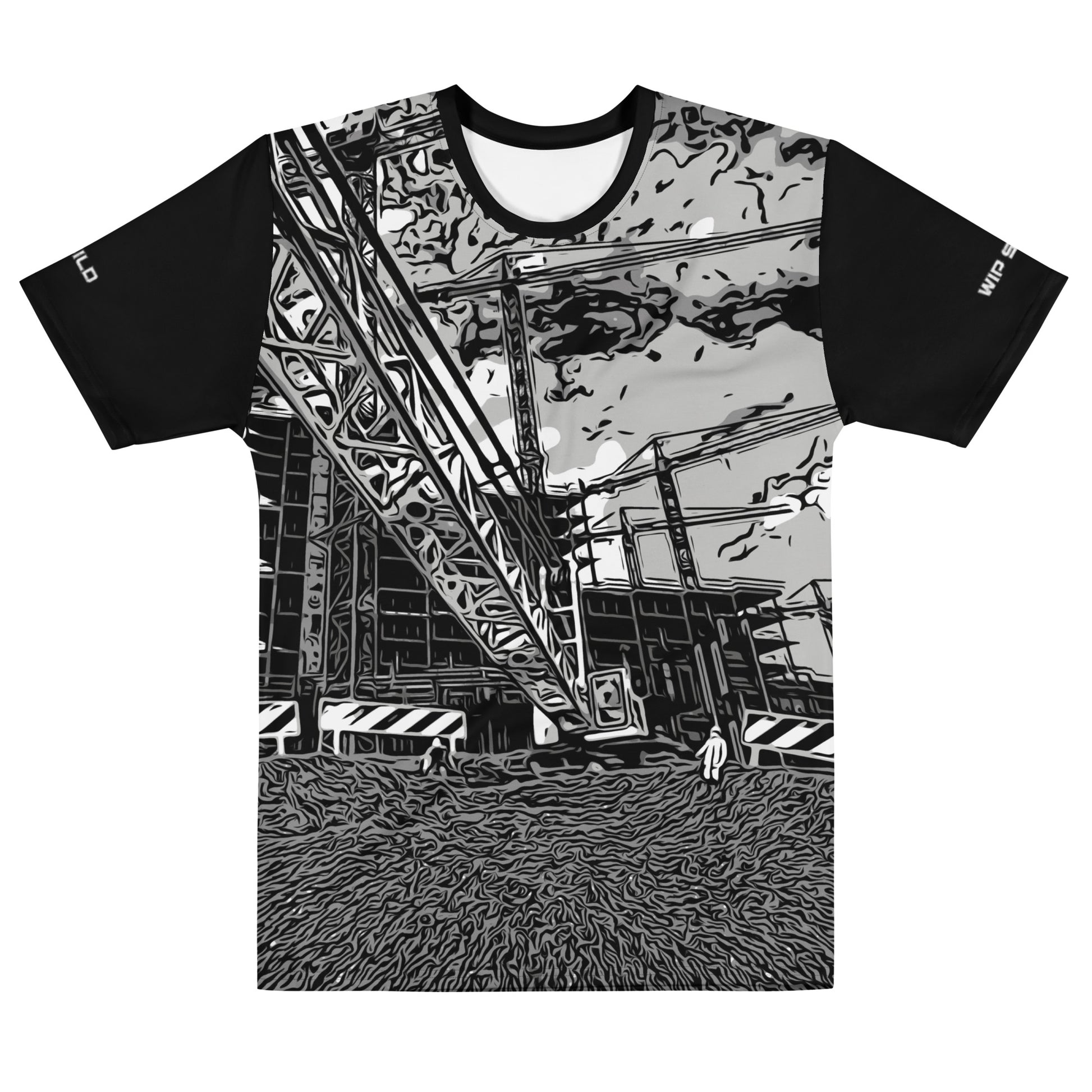 Our Construction Grind Heavy Lift all-over print short-sleeved t-shirt in our black and white style, shown from the front. The main graphic features a large crane at a construction site in front of a building under construction, highlighting dynamic construction imagery. The design is printed in vibrant colors on a premium, all-over print tee.