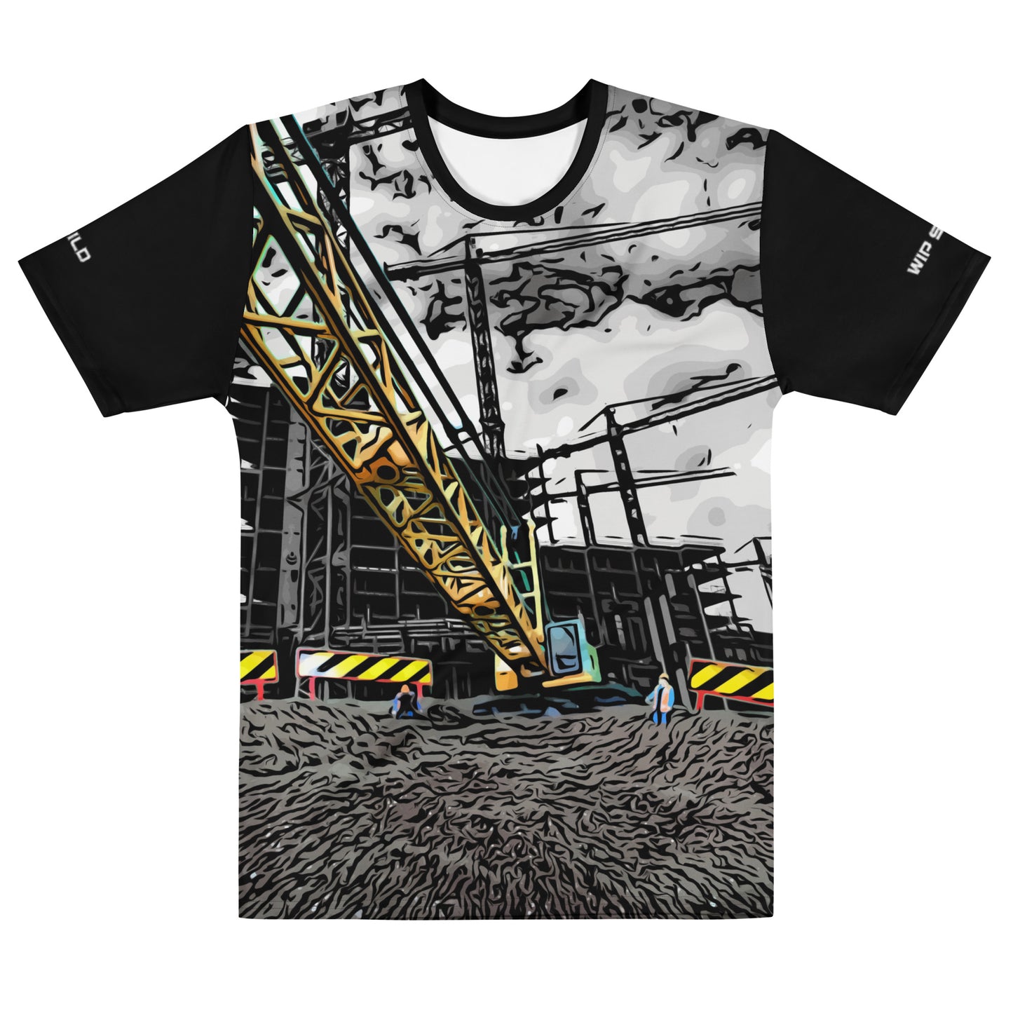 Our Construction Grind Heavy Lift all-over print short-sleeved t-shirt in our cartooned style, shown from the front. The main graphic features a large crane at a construction site in front of a building under construction, highlighting dynamic construction imagery. The design is printed in vibrant colors on a premium, all-over print tee.