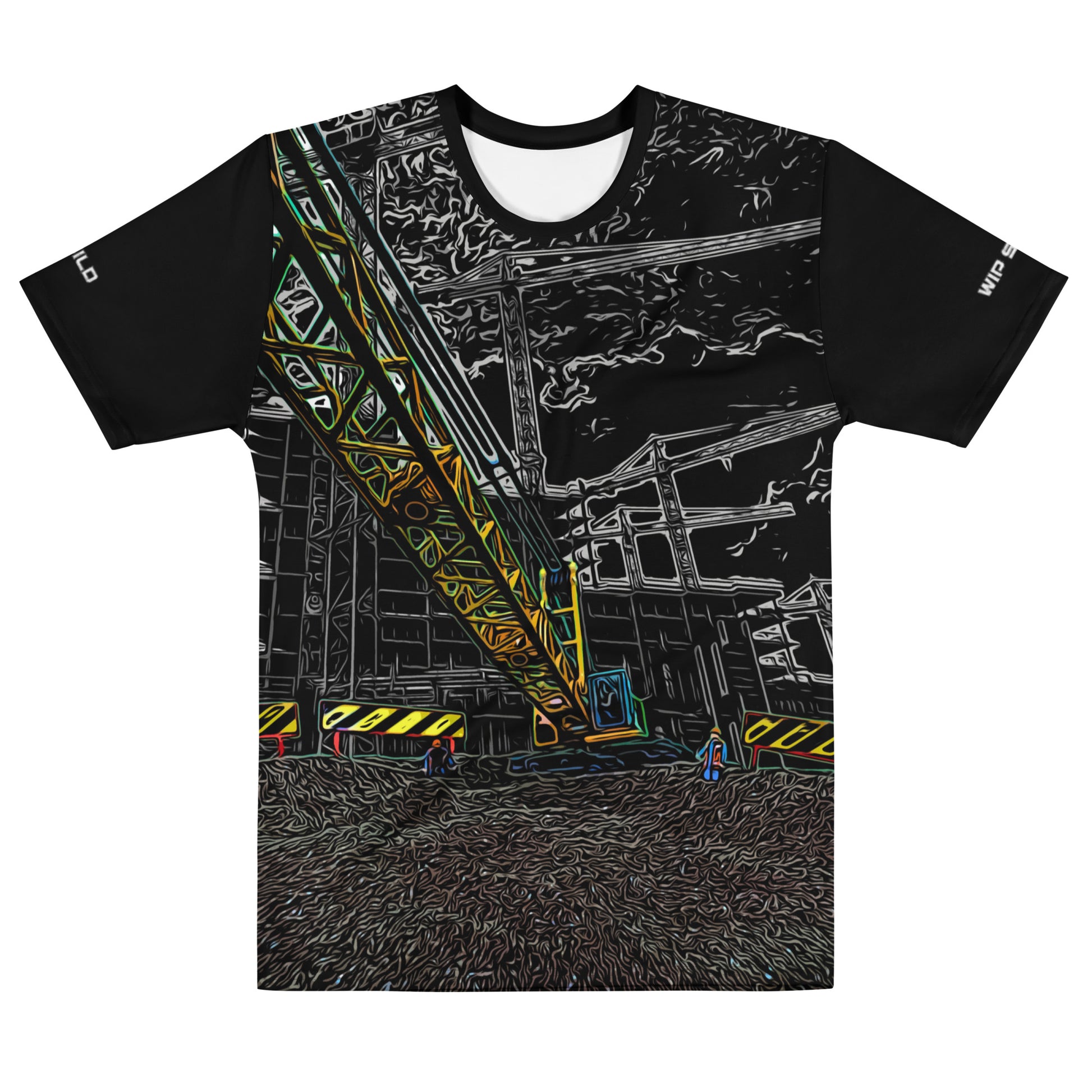 Our Construction Grind Heavy Lift all-over print short-sleeved t-shirt in our night shift style, shown from the front. The main graphic features a large crane at a construction site in front of a building under construction, highlighting dynamic construction imagery. The design is printed in vibrant colors on a premium, all-over print tee.