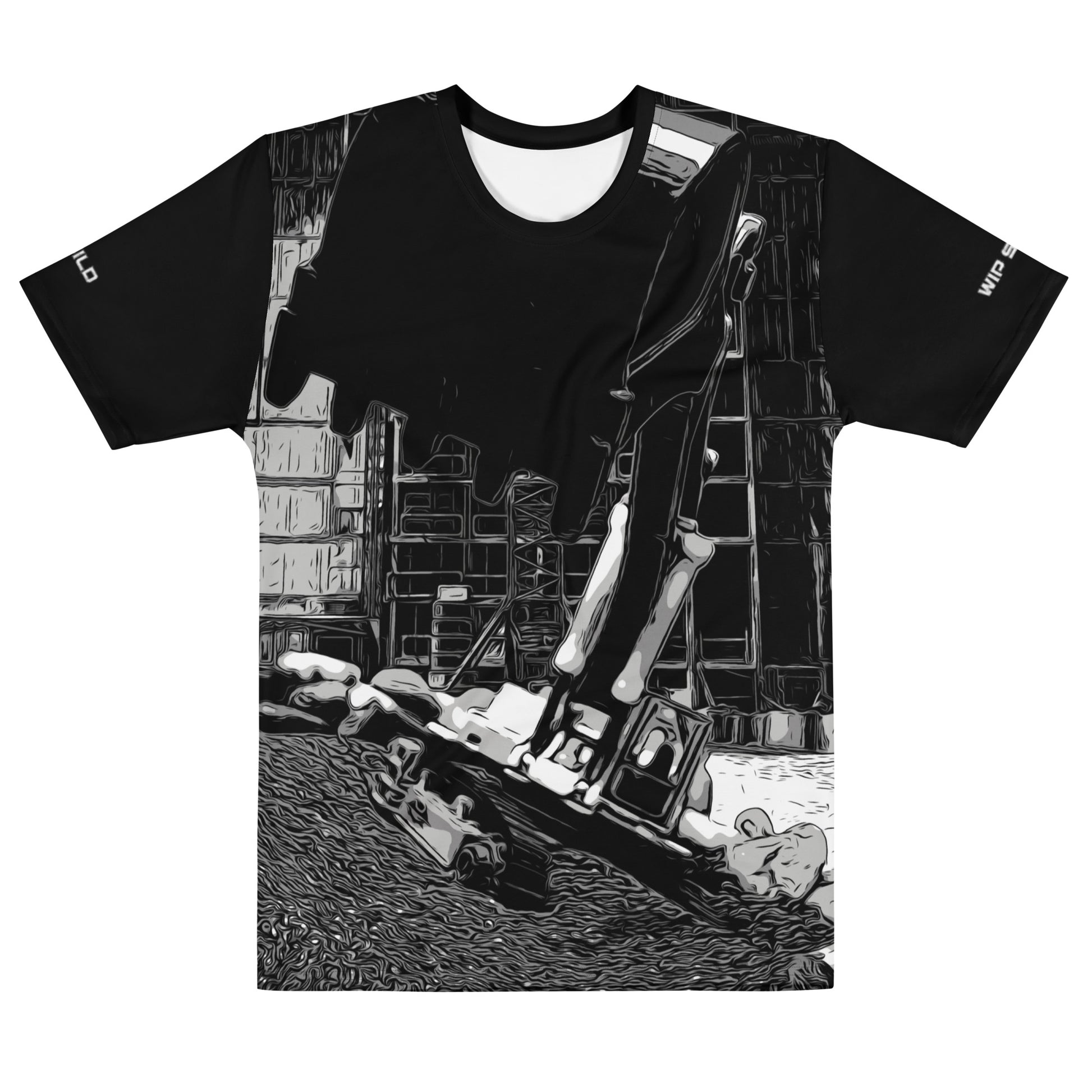 Our Construction Grind Super Scooper all-over print short-sleeved t-shirt in our black and white style, shown from the front. The main graphic features a large excavator with the shovel front and center, digging at a construction site in front of a building under construction, highlighting dynamic construction imagery. The design is printed in vibrant colors on a premium, all-over print tee.