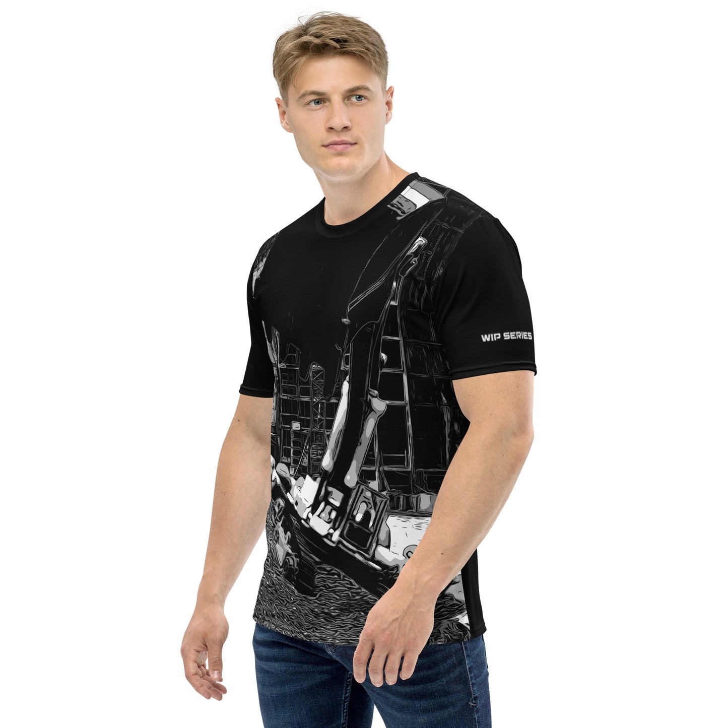 A man our wearing Construction Grind Super Scooper all-over print short-sleeved t-shirt in black and white style, shown from the left-hand view. The image reveals the detailed main graphic of an excavator in action on a construction site, and the left sleeve displays a white 'WIP SERIES' graphic. The design emphasizes bold construction imagery on a premium tee.