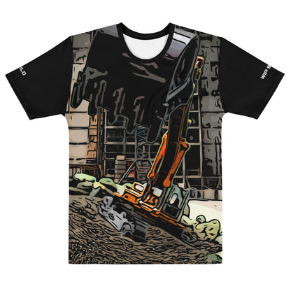 Our Construction Grind Super Scooper all-over print short-sleeved t-shirt in our cartooned style, shown from the front. The main graphic features a large excavator with the shovel front and center, digging at a construction site in front of a building under construction, highlighting dynamic construction imagery. The design is printed in vibrant colors on a premium, all-over print tee.