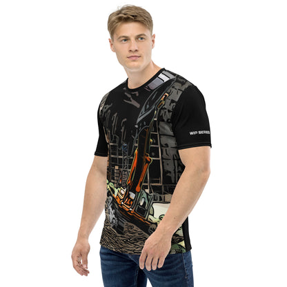 A man our wearing Construction Grind Super Scooper all-over print short-sleeved t-shirt in cartooned style, shown from the left-hand view. The image reveals the detailed main graphic of an excavator in action on a construction site, and the left sleeve displays a white 'WIP SERIES' graphic. The design emphasizes bold construction imagery on a premium tee.