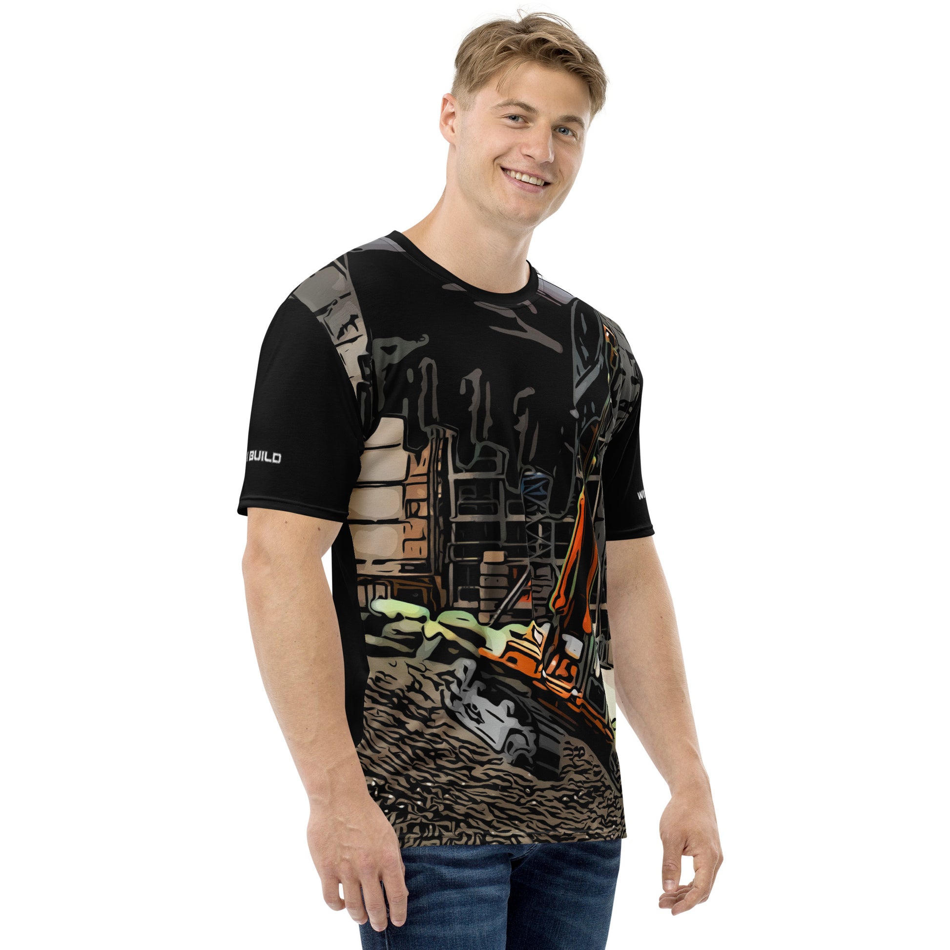 A man wearing our Construction Grind Super Scooper all-over print short-sleeved t-shirt in cartooned style, shown from the right-hand view. The image reveals the detailed main graphic of an excavator in action on a construction site, and the right sleeve displays a white 'I Build' graphic. The design emphasizes bold construction imagery on a premium tee.