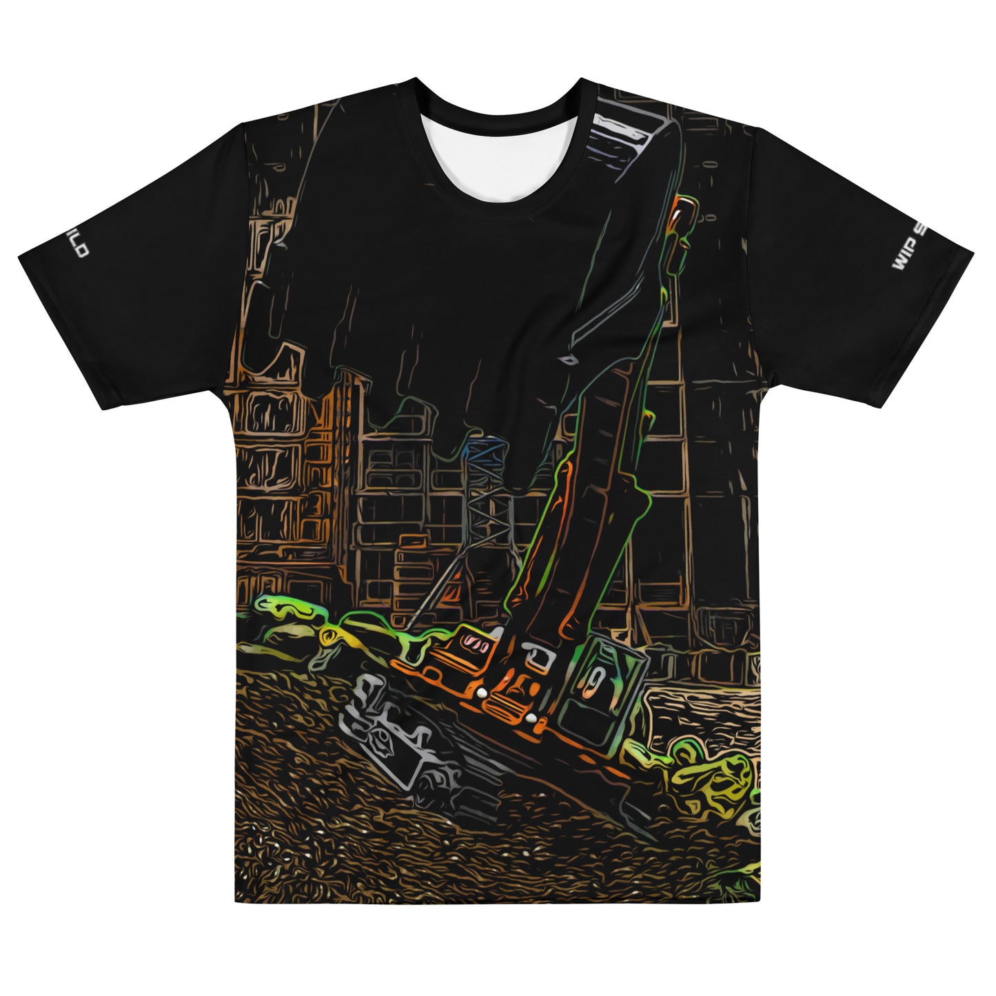 Our Construction Grind Super Scooper all-over print short-sleeved t-shirt in our night shift style, shown from the front. The main graphic features a large excavator with the shovel front and center, digging at a construction site in front of a building under construction, highlighting dynamic construction imagery. The design is printed in vibrant colors on a premium, all-over print tee.