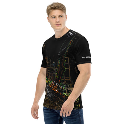 A man our wearing Construction Grind Super Scooper all-over print short-sleeved t-shirt in night shift style, shown from the left-hand view. The image reveals the detailed main graphic of an excavator in action on a construction site, and the left sleeve displays a white 'WIP SERIES' graphic. The design emphasizes bold construction imagery on a premium tee.