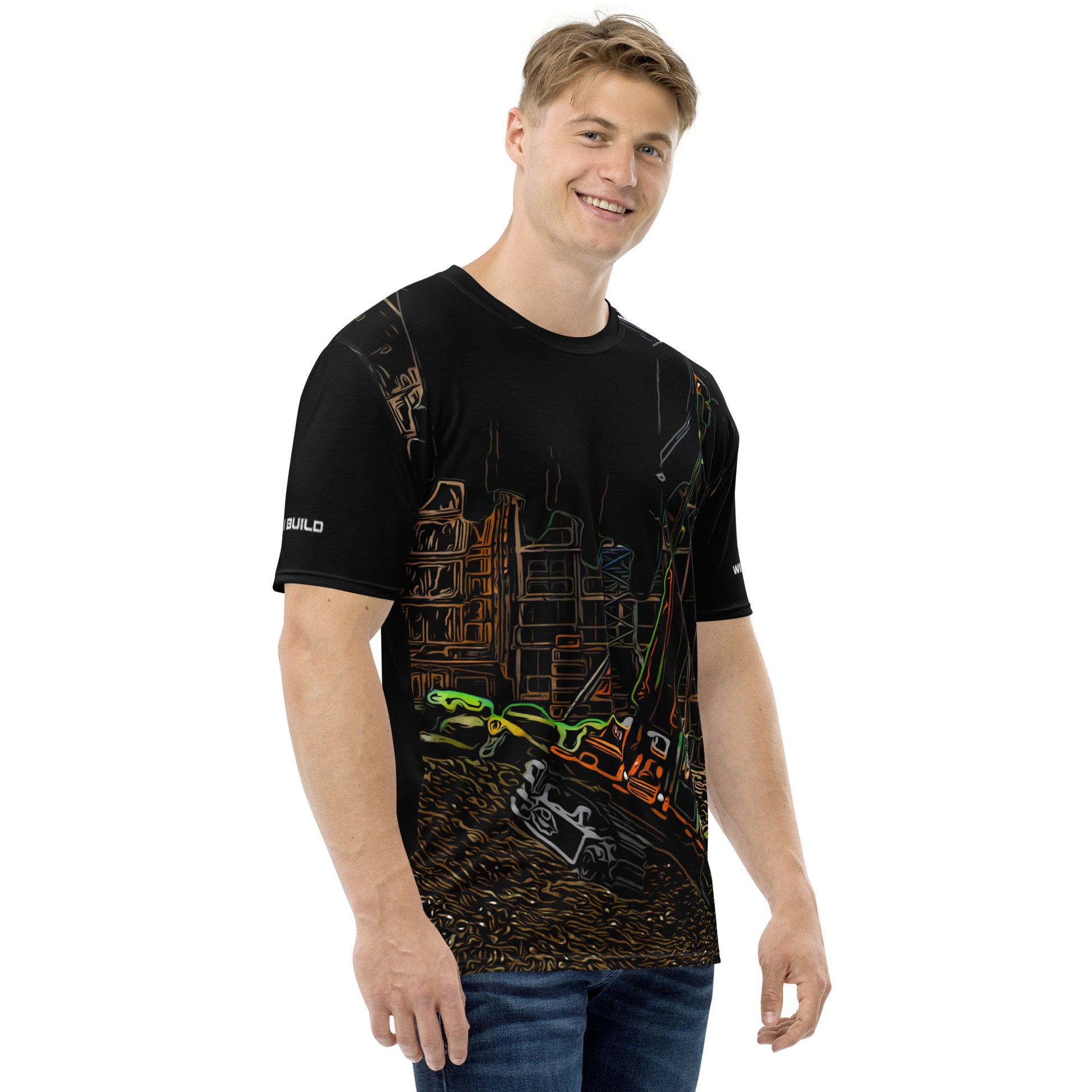 A man wearing our Construction Grind Super Scooper all-over print short-sleeved t-shirt in night shift style, shown from the right-hand view. The image reveals the detailed main graphic of an excavator in action on a construction site, and the right sleeve displays a white 'I Build' graphic. The design emphasizes bold construction imagery on a premium tee.