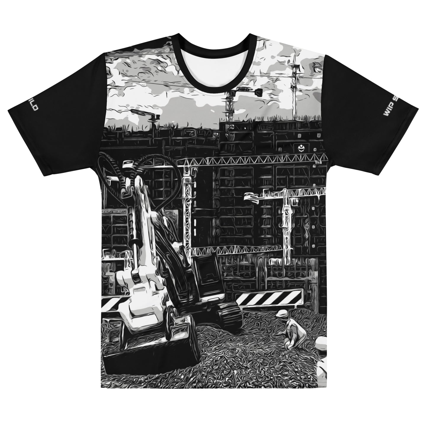 Our Construction Grind Trenching all-over print short-sleeved t-shirt in our black and white style, shown from the front. The main graphic features a backhoe digging a trench in front of large tower cranes at a construction site in front of a building under construction, highlighting dynamic construction imagery. The design is printed in vibrant colors on a premium, all-over print tee.