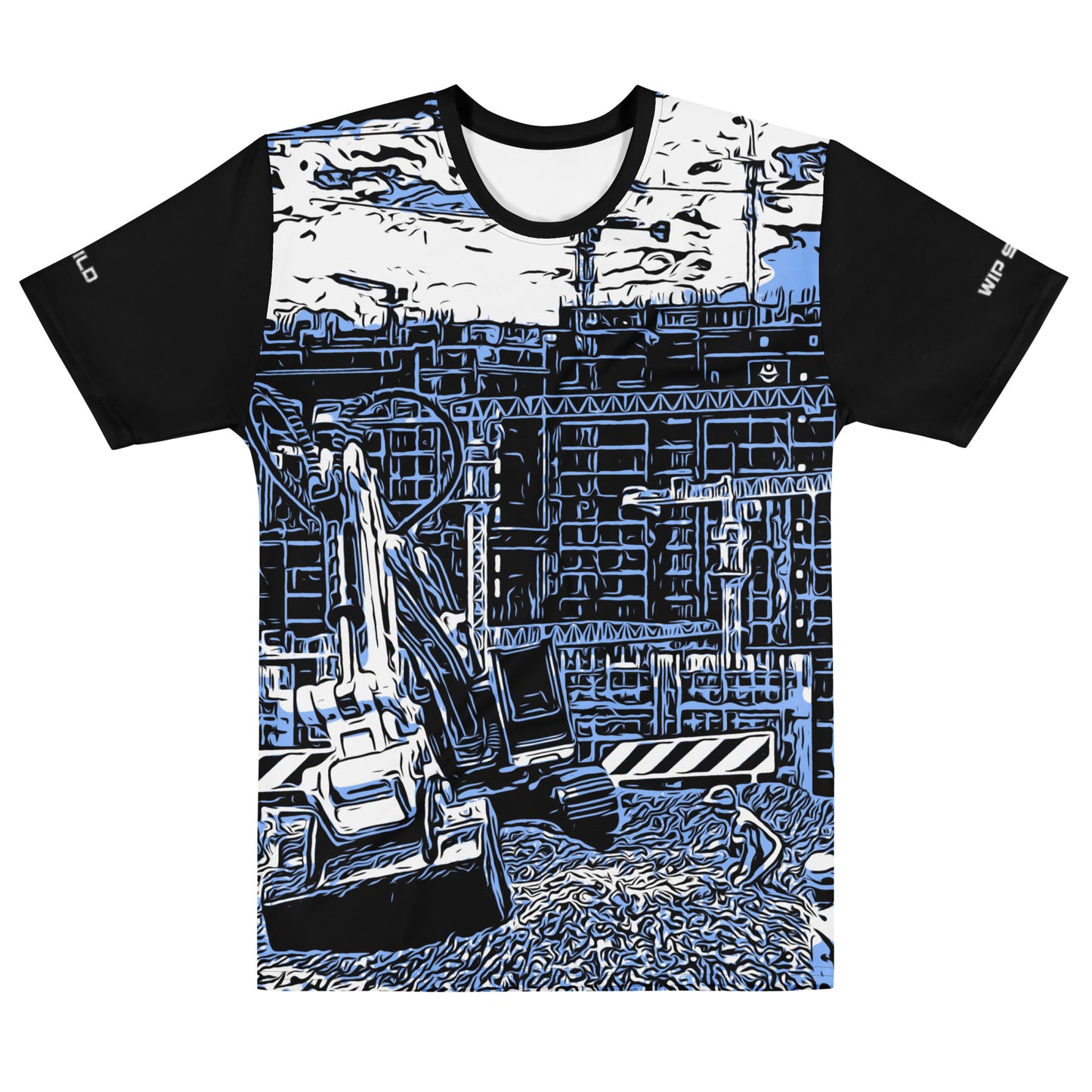 Our Construction Grind Trenching all-over print short-sleeved t-shirt in our blue jeans style, shown from the front. The main graphic features a backhoe digging a trench in front of large tower cranes at a construction site in front of a building under construction, highlighting dynamic construction imagery. The design is printed in vibrant colors on a premium, all-over print tee.