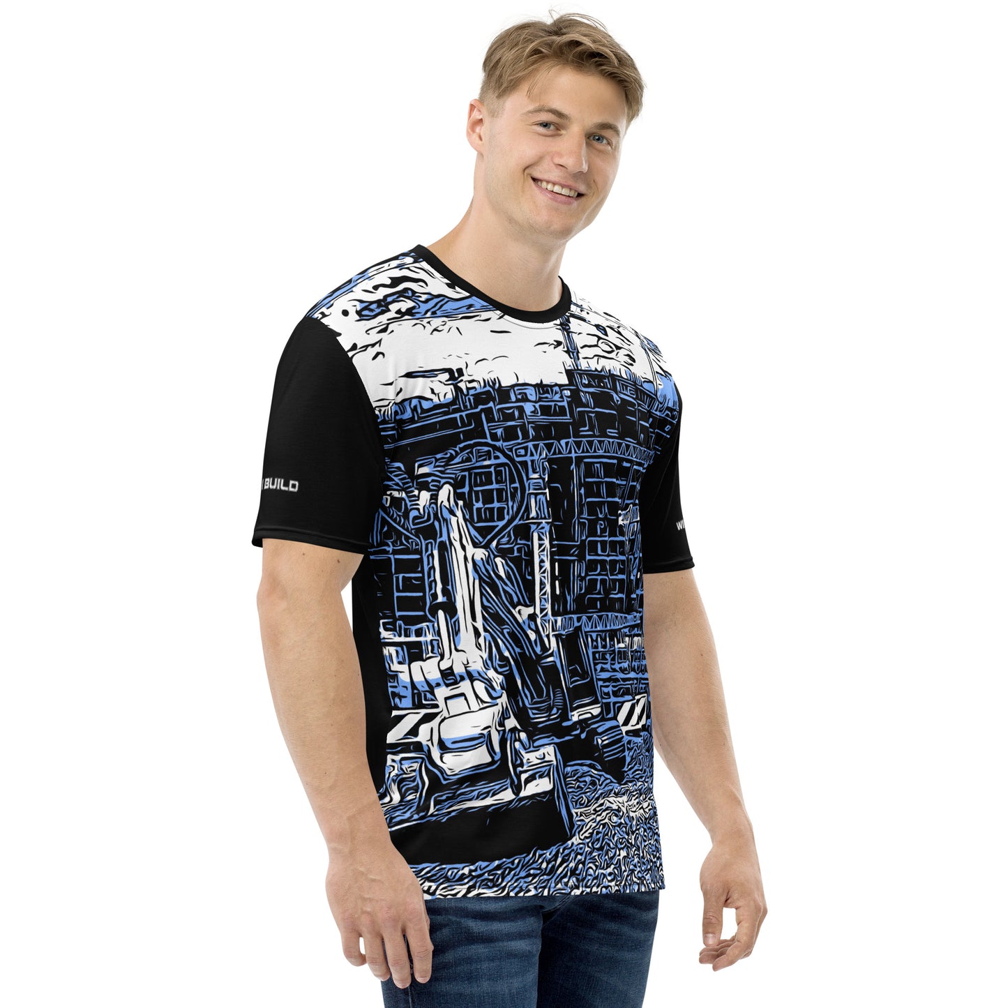 A man wearing our Construction Grind Trenching all-over print short-sleeved t-shirt in blue jeans style, shown from the right-hand view. The image reveals the detailed main graphic of a backhoe in action on a construction site, and the right sleeve displays a white 'I Build' graphic. The design emphasizes bold construction imagery on a premium tee.