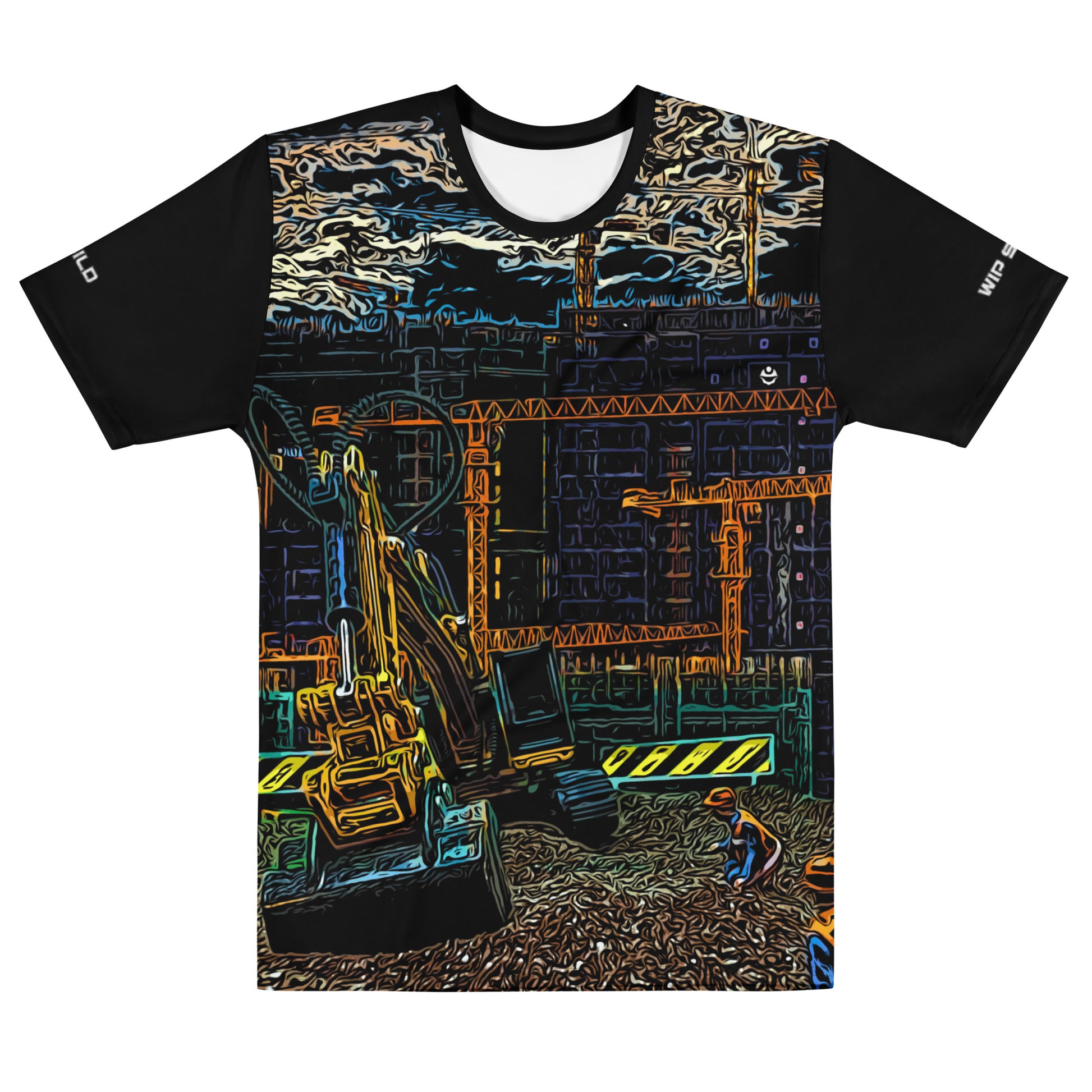 Our Construction Grind Trenching all-over print short-sleeved t-shirt in our cartooned style, shown from the front. The main graphic features a backhoe digging a trench in front of large tower cranes at a construction site in front of a building under construction, highlighting dynamic construction imagery. The design is printed in vibrant colors on a premium, all-over print tee.