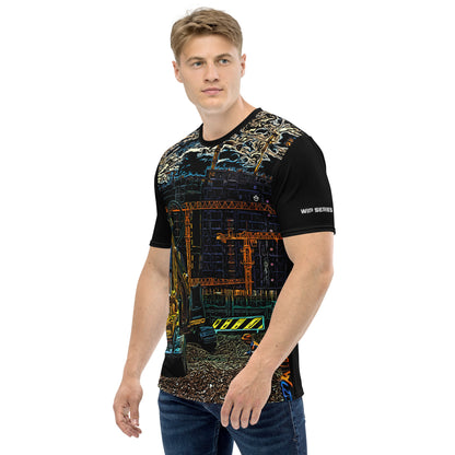 A man our wearing Construction Grind Trenching all-over print short-sleeved t-shirt in cartooned style, shown from the left-hand view. The image reveals the detailed main graphic of a backhoe in action on a construction site, and the left sleeve displays a white 'WIP SERIES' graphic. The design emphasizes bold construction imagery on a premium tee.