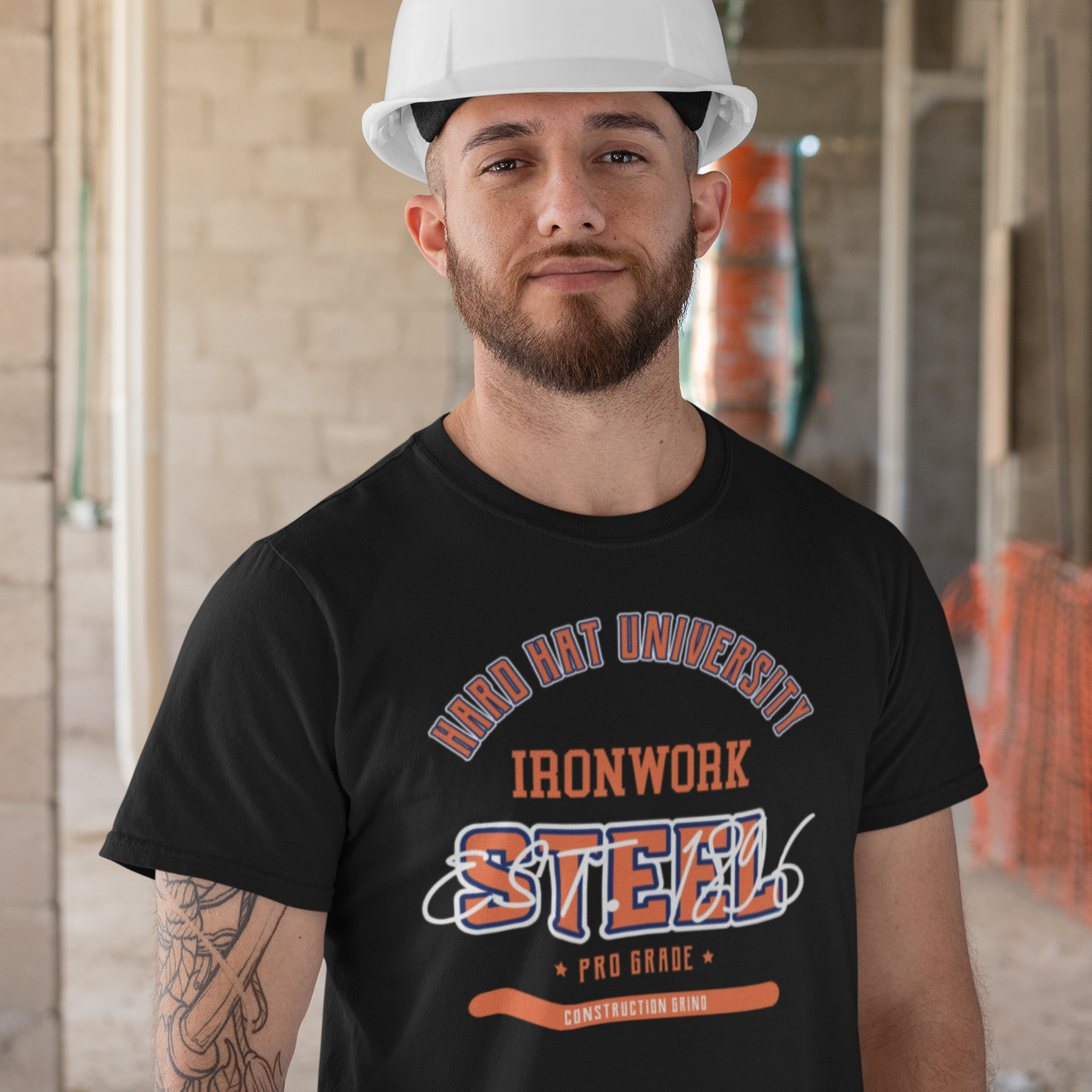 The Construction Grind “Hard Hat University” Iron Worker's T-Shirt features 'Ironwork– Steel' in bold college sports style lettering, paying tribute to the skill & professionalism that builds our world. The “Established” date represents the year the trade was formally recognized in the U.S. The 'PRO-GRADE' stamp adds a touch of authenticity and pride. Design is featured on a black Gildan 5000 short-sleeved T-Shirt made with 100% U.S. cotton. Heavy Cotton 5.3 oz/y.