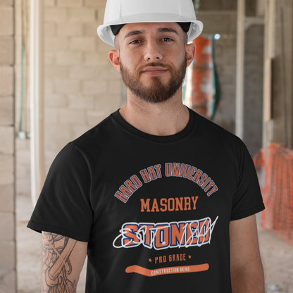 The Construction Grind “Hard Hat University” Mason's T-Shirt features 'Masonry – Stoned' in bold college sports style lettering, paying tribute to the skill & professionalism that builds our world. The “Established” date represents the year the trade was formally recognized in the U.S. The 'PRO-GRADE' stamp adds a touch of authenticity and pride. Design is featured on a black Gildan 5000 short-sleeved T-Shirt made with 100% U.S. cotton. Heavy Cotton 5.3 oz/y.