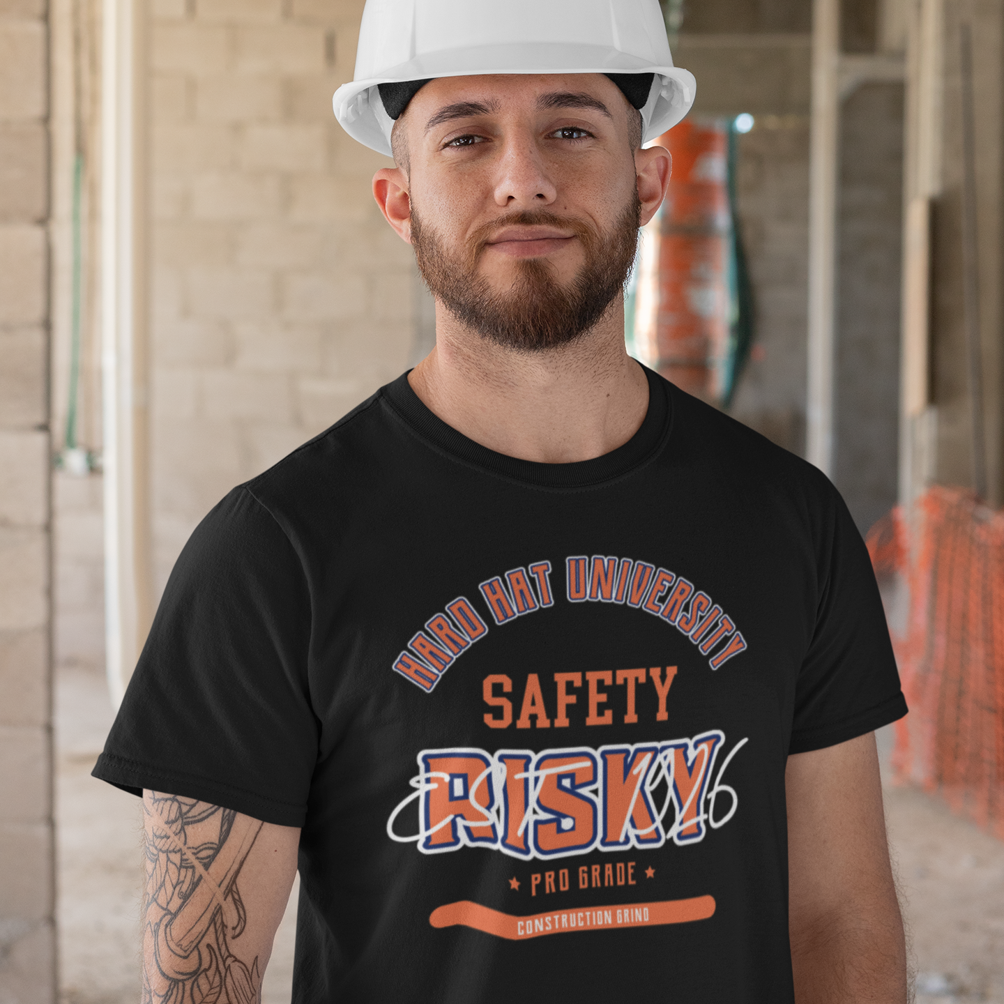 The Construction Grind “Hard Hat University” Safety T-Shirt features 'Safety – Risky' in bold college sports style lettering, paying tribute to the skill & professionalism that builds our world. The “Established” date represents the year the trade was formally recognized in the U.S. The 'PRO-GRADE' stamp adds a touch of authenticity and pride. Design is featured on a black Gildan 5000 short-sleeved T-Shirt made with 100% U.S. cotton. Heavy Cotton 5.3 oz/y.