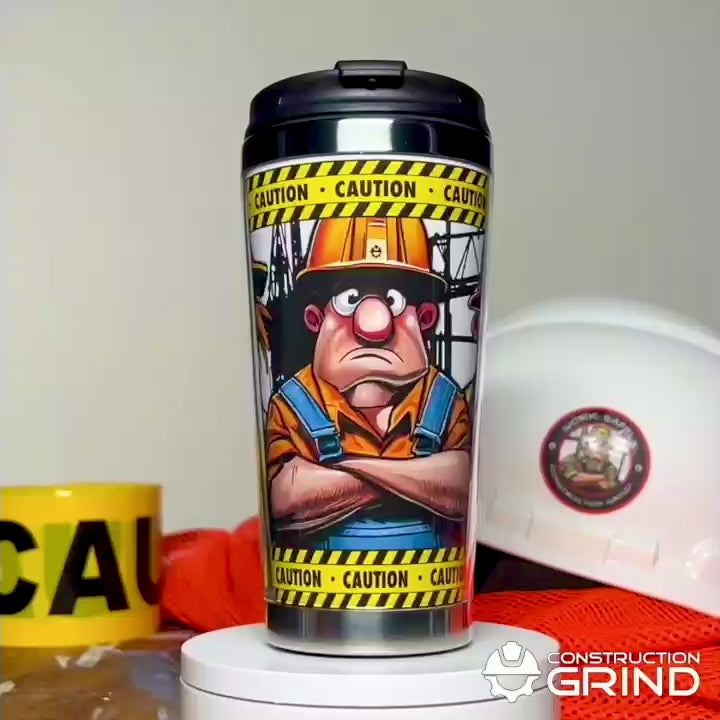 A 360-degree rotating view of our Construction Grind's "Meet our Crew" Second Shift 12 oz. coffee tumbler