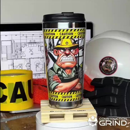 A 360-degree rotating view of Construction Grind's "Meet our Crew" First Shift 12 oz. coffee tumbler sitting on a 4" wooden pallet coaster.
