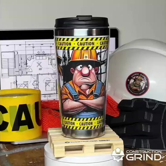A 360-degree rotating view of Construction Grind's "Meet our Crew" Second Shift 12 oz. coffee tumbler sitting on a 4" wooden pallet coaster. 