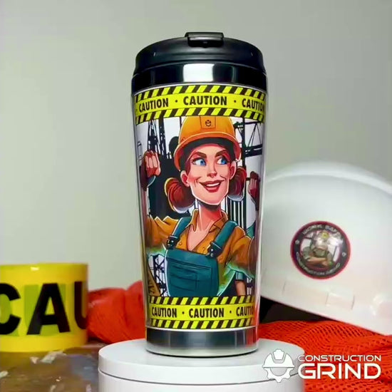 A 360-degree rotating view of our Construction Grind's "Women in Construction" 12 oz. coffee tumbler