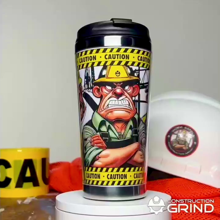 A 360-degree rotating view of Construction Grind's "Meet our Crew" First Shift 12 oz. coffee tumbler.
